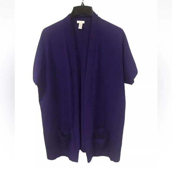 Chico’s Purple Sweater Cardigan Short Sleeve Open front Pockets Women’s L - Picture 1 of 5
